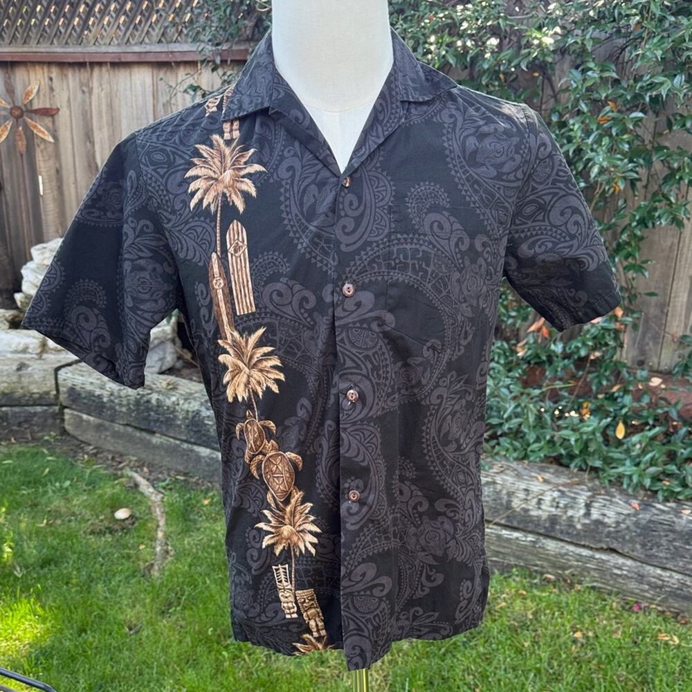 Pacific Legend Tropical Tribal Hawaiian Shirt Mens S Black Floral Pattern USA